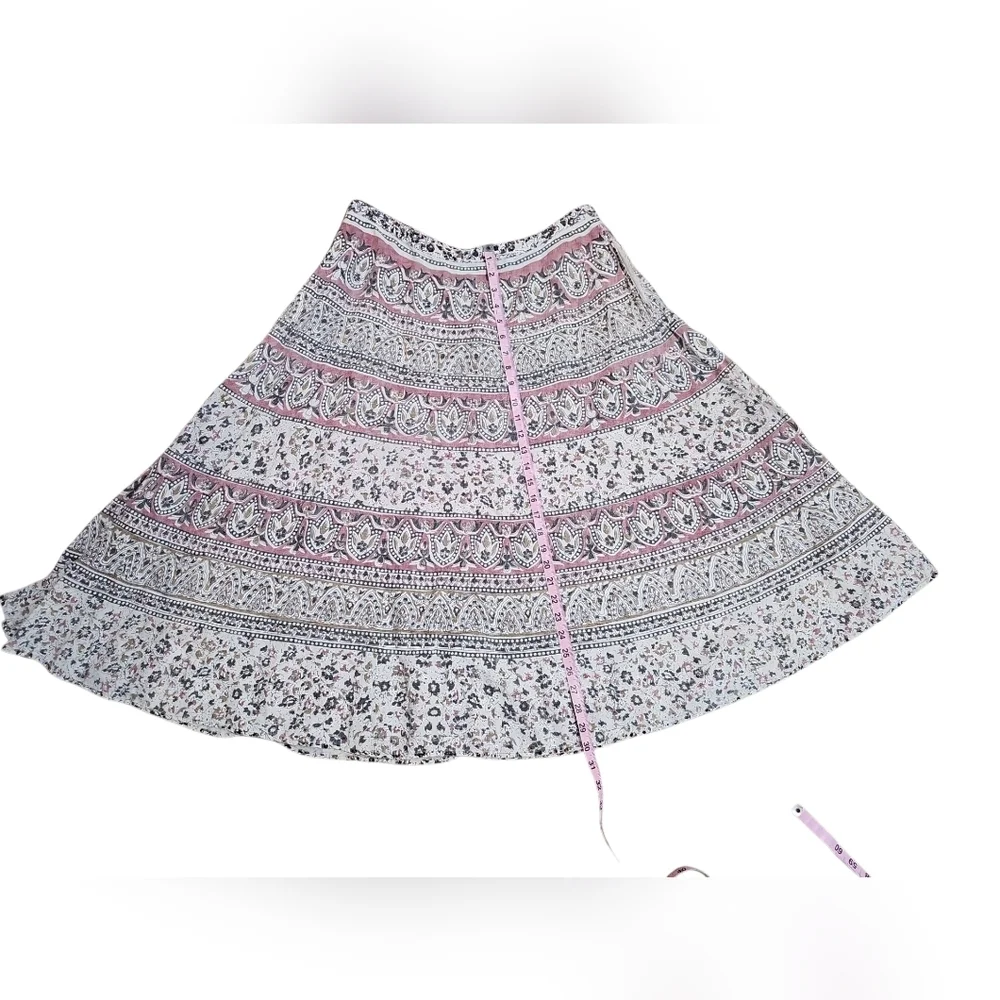Eddie Bauer L Pink Beige Boho Floral Paisley Midi Skirt 100% Cotton Cottagecore - Picture 4 of 5